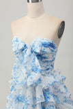 Pink Flower A Line Tiered Strapless Homecoming Dress with Bow