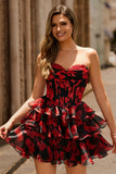 Floral Black Red Corset A-Line Strapless Tiered Homecoming Dress
