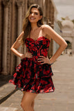 Floral Black Red Corset A-Line Strapless Tiered Homecoming Dress