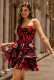 Floral Black Red Corset A-Line Strapless Tiered Homecoming Dress