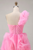 Chic Hot Pink High-Low Ruffled Homecoming Dress with 3D Flowers