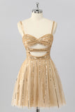 Gold A-Line Cut-Out Sequin Mini Homecoming Dress