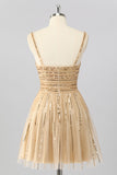 Gold A-Line Cut-Out Sequin Mini Homecoming Dress