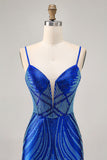 Royal Blue Spaghetti Straps Beaded Bodycon Homecoming Dress