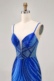 Royal Blue Spaghetti Straps Beaded Bodycon Homecoming Dress