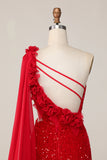One Shoulder Red Sequined Cut-Out Bodycon Homecoming Dress With Streamer