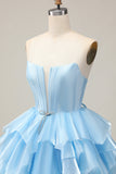 Corset A Line Tiered Strapless Pink Homecoming Dress with Lace Up Back