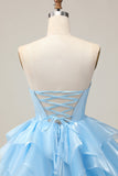 Corset A Line Tiered Strapless Pink Homecoming Dress with Lace Up Back