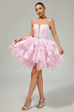 Corset A Line Tiered Strapless Pink Homecoming Dress with Lace Up Back