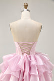 Corset A Line Tiered Strapless Pink Homecoming Dress with Lace Up Back