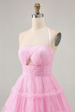 Glitter Halter A-Line Cut-Out Pink Homecoming Dress