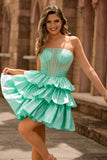 Corset Green A Line Tiered Beaded Strapless Homecoming Dress with Bow