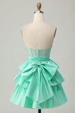 Red Strapless Beaded A Line Tiered Corset Homecoming Dress with Bow