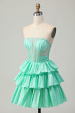 Red Strapless Beaded A Line Tiered Corset Homecoming Dress with Bow