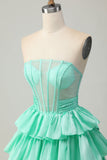 Corset Green A Line Tiered Beaded Strapless Homecoming Dress with Bow