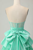 Red Strapless Beaded A Line Tiered Corset Homecoming Dress with Bow