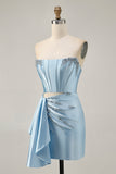 Blue Corset Beaded Cut Out Satin Tight Homecoming Dress with Streamer
