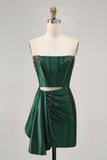 Blue Corset Beaded Cut Out Satin Tight Homecoming Dress with Streamer