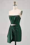 Blue Corset Beaded Cut Out Satin Tight Homecoming Dress with Streamer