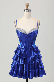 A Line Tiered Corset Royal Blue Homecoming Dress with Bows