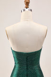 Strapless Bodycon Beaded Dark Green Homecoming Dress With Slit