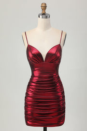 Burgundy Spaghetti Straps Ruched Tight Homecoming Dress