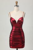 Bodycon Ruched Spaghetti Straps Burgundy Homecoming Dress
