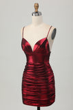 Burgundy Spaghetti Straps Ruched Tight Homecoming Dress