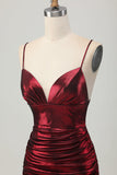 Burgundy Spaghetti Straps Ruched Tight Homecoming Dress