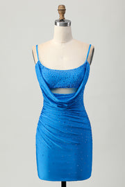 Blue Cowl Neck Bodycon Homecoming Dress with Beading