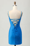 Blue Cowl Neck Bodycon Homecoming Dress with Beading