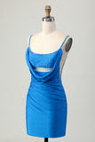 Blue Cowl Neck Bodycon Homecoming Dress with Beading