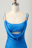Blue Cowl Neck Bodycon Homecoming Dress with Beading