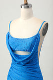 Blue Cowl Neck Bodycon Homecoming Dress with Beading