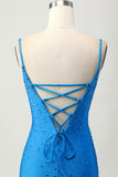 Blue Cowl Neck Bodycon Homecoming Dress with Beading