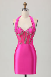 Fuchsia Halter Satin Bodycon Homecoming Dress with Rhinestones