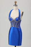 Fuchsia Halter Satin Bodycon Homecoming Dress with Rhinestones