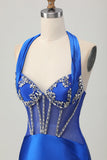 Fuchsia Halter Satin Bodycon Homecoming Dress with Rhinestones