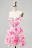 Printed Pink Flower Strapless Corset Homecoming Dress with Sequins