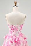 Printed Pink Flower Strapless Corset Homecoming Dress with Sequins