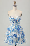 Printed Pink Flower Strapless Corset Homecoming Dress with Sequins