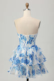 Printed Pink Flower Strapless Corset Homecoming Dress with Sequins