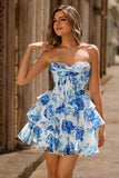 White Blue Flower Corset A-Line Sweetheart Homecoming Dress With Ruffles