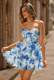 White Blue Flower Corset A-Line Sweetheart Homecoming Dress With Ruffles