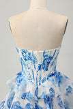 Printed Pink Flower Strapless Corset Homecoming Dress with Sequins