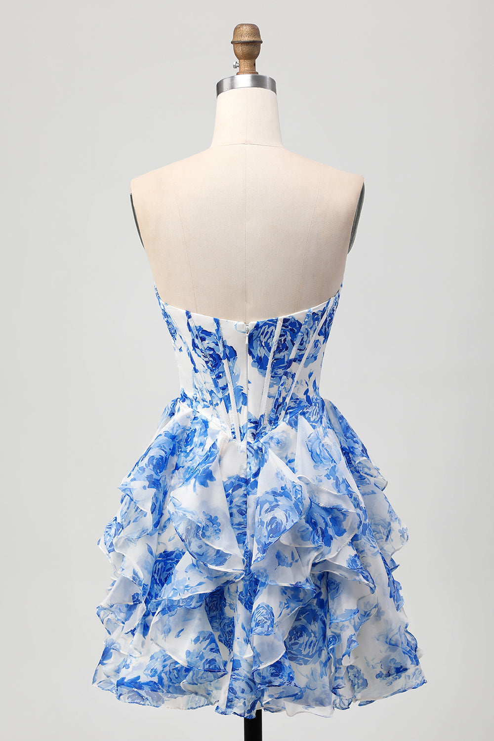 Berylove Women White Blue Floral Homecoming Dress with Bow A-Line Strapless Ruffled Short Prom Dress Berylove Women White Blue Floral Homecoming Dress with Bow A-Line Strapless Ruffled Short Prom Dress