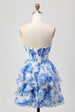 White Blue Floral A-Line Ruffled Strapless Homecoming Dress with Bow