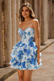Sweetheart Ruffle A-Line Printed White Blue Homecoming Dress With Bow