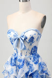 White Blue Floral A-Line Ruffled Strapless Homecoming Dress with Bow