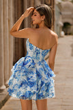 Sweetheart Ruffle A-Line Printed White Blue Homecoming Dress With Bow